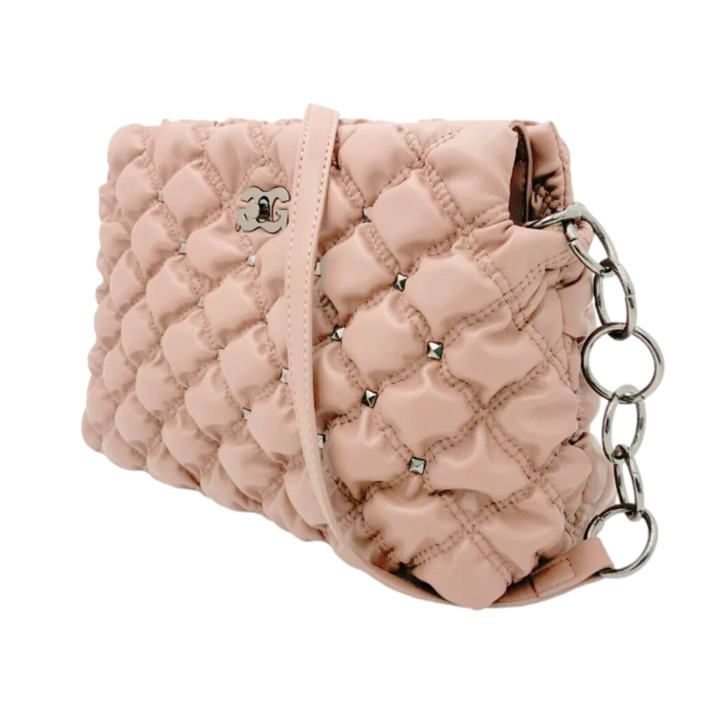GILDA PARIS blush Quilted Handbag with chain/fabric Strap gunmetal hardware NWT - Picture 2 of 3